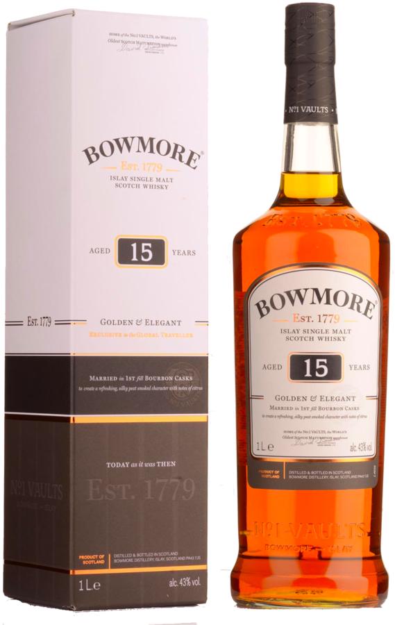 Bowmore 15YO Golden and Elegant Whisky 43% 1,0l – karton