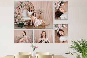 Fotoobrazy sada 5 kusů (1x - 90x60 cm, 4x - 45x30 cm) z vlastních fotografií, Plátno Recycled Satin Canvas, 330g/m²